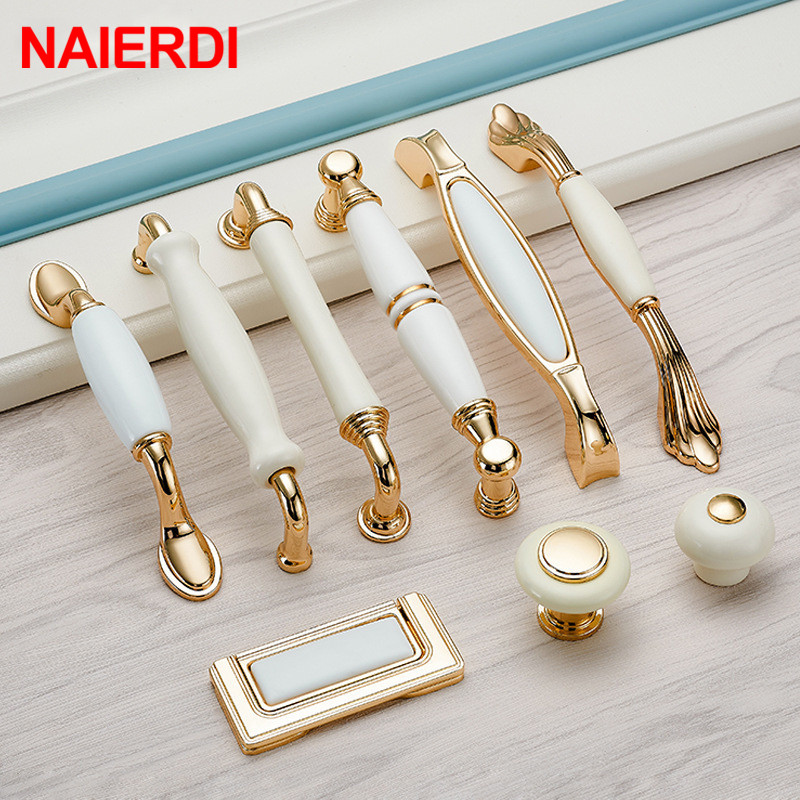 Drawer Pull Gold - NAIERDI złoty biały ceramiczne uchwyty do